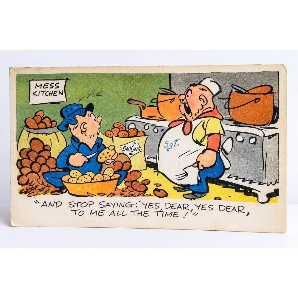 1944 WWII Army Humor Postcard Mess Kitchen Fort Knox KY Free Mail Chaffee MO